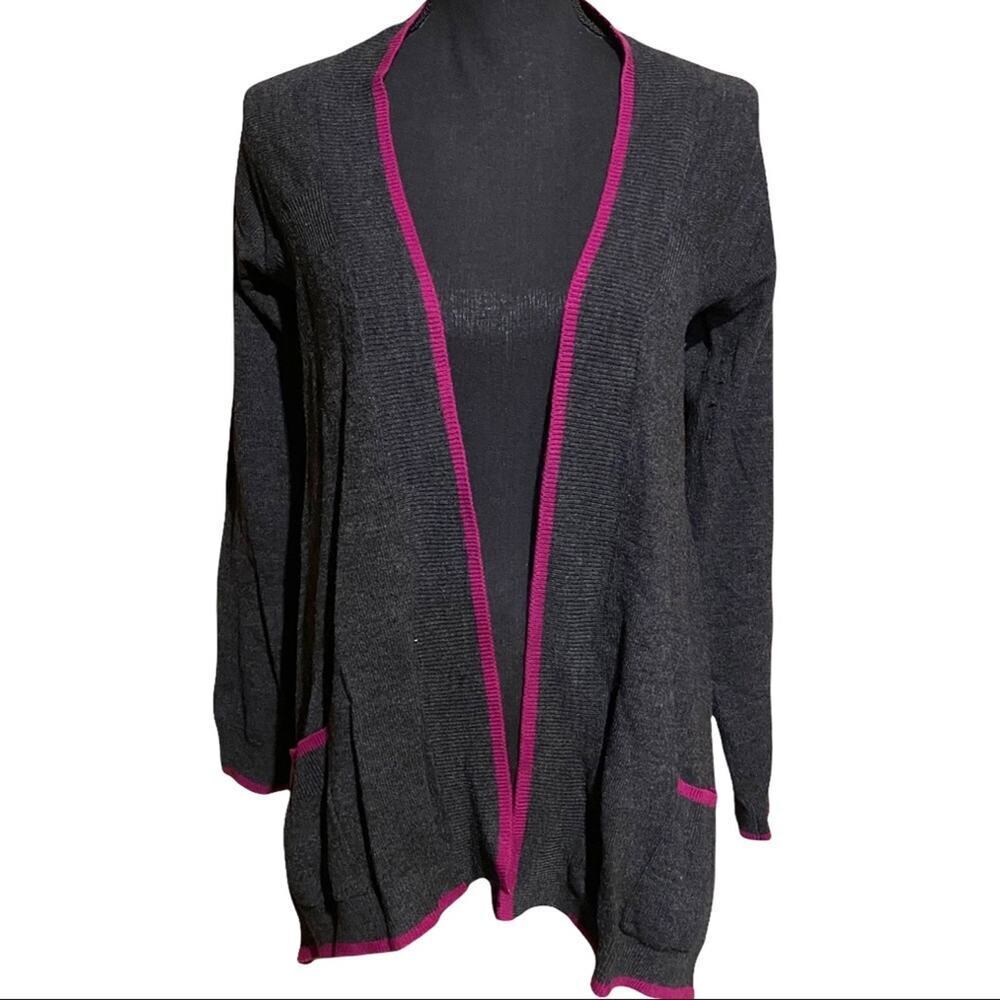 Design History Open Front Gray with Pink Trim Pocket Cardigan Sweater Women's S